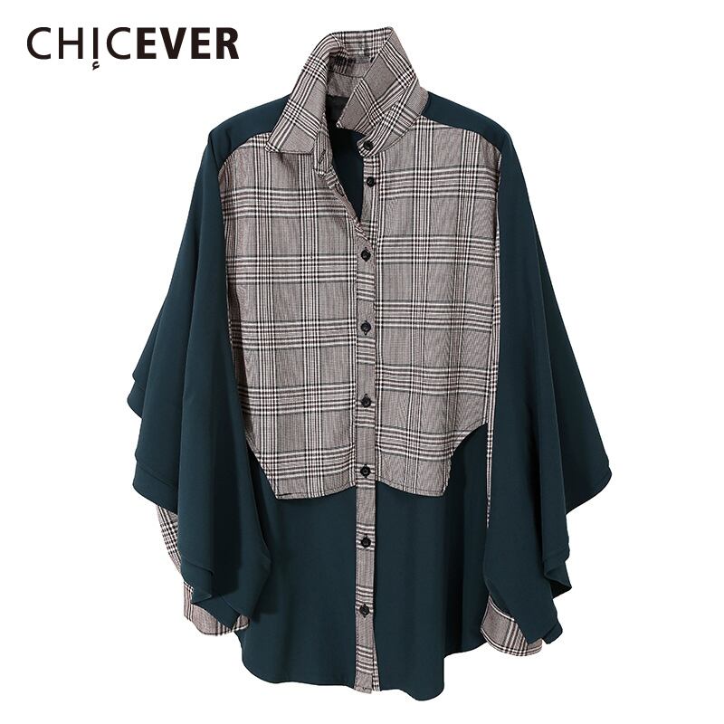 CHICEVERヴィンテージブラウスレディースラペルパフ長袖パッチワークチェック柄ヒットカラールーズオーバーサイズシャツ2021秋の潮 ロング ビンテージ 6base512802875876