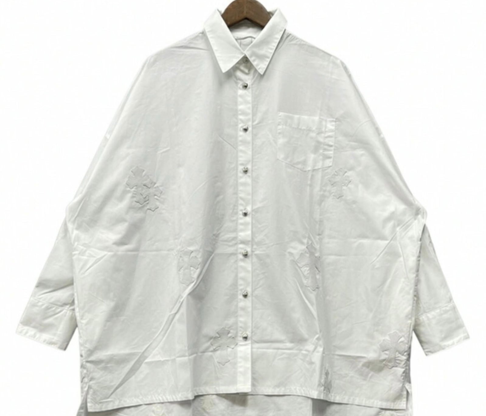 CHROME HEARTS クロムハーツ Mahal Kita Shirt マハルキタシャツ Y NOT レザークロスパッチ クロスボールボタン オーバーサイズ ホワイト