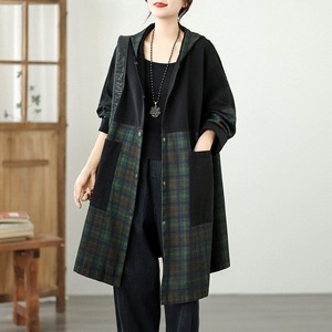 BLACK PLAID STITCH HOODED MIDI JACKET COAT 1color M-14824