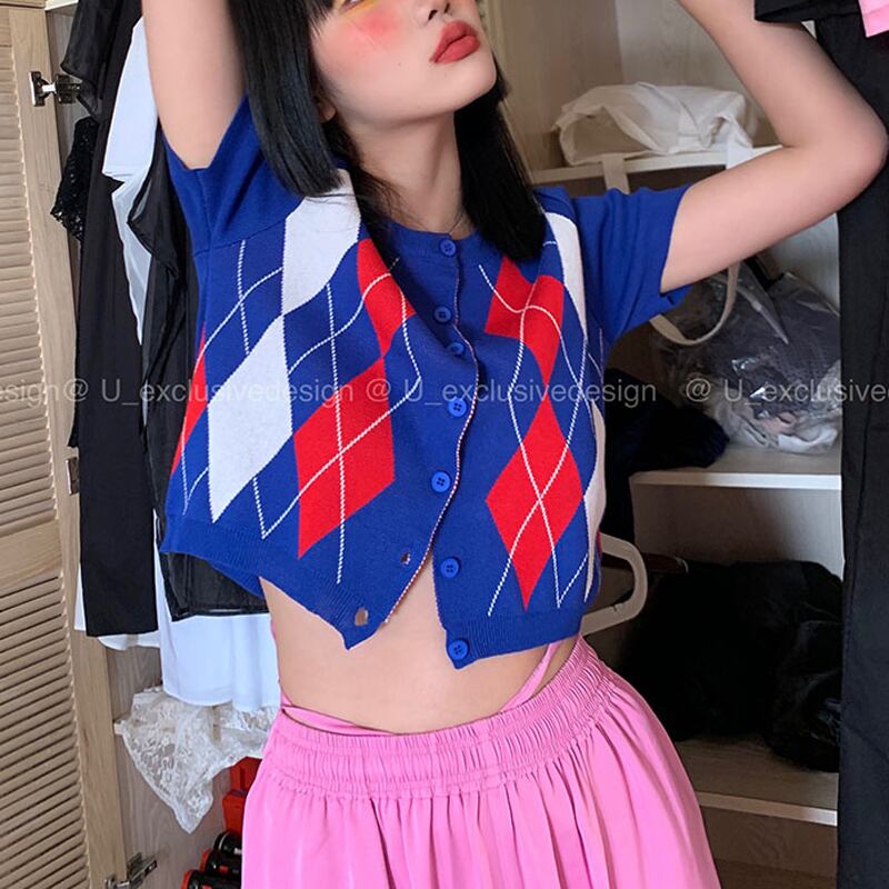 ショートカーディガントップス レディースサマー薄手ニット格子柄半袖スリーブシャツ ハーフスリーブ 夏物 ビッグFスモールZ韓国88441669051