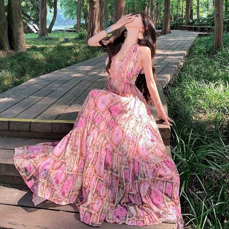 レディース ロングワンピース ノースリーブ リゾートワンピース