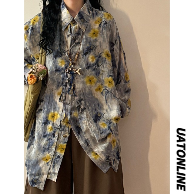 ♥レトロ花柄で、自分らしく！【UATONLINEシリーズ】★シャツ★ユニセックス トップス 長袖シャツ 花柄シャツ