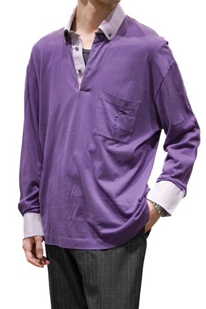00's "ARNYS PARIS" Purple Color Cotton Long Sleeve Cleric Polo Shirt Made in Italy
