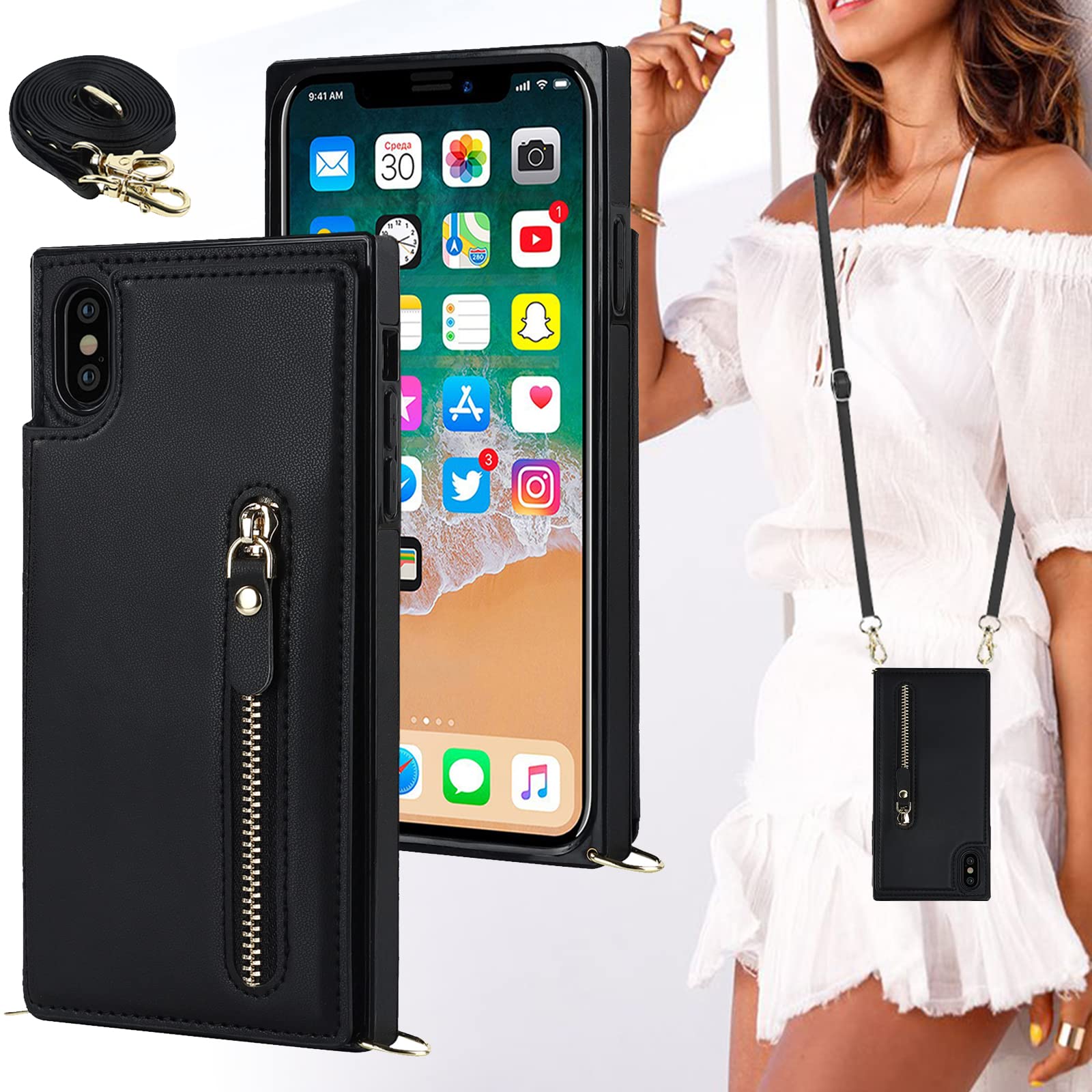 BonwFzin 適用 iPhone XS Max ケース 手帳型 ショルダー 背面 フリップ 紐付き クロスボディ アイホン XS マックス スマホケース iPhoneXSMax 手帳型カバー アイフォン XSMax 携帯カバー RFID防止 肩がけ 首掛け 斜め掛け ひも付き 小銭入れ ファスナー型 ストラップホール付き スタンド 背面収納 カード収納 カード入れ ブラック