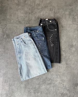 【新作アイテム送料無料】denim studded asymmetrical curve pants