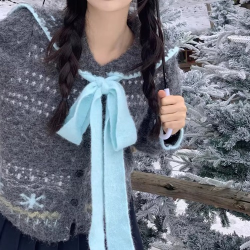 2色／ノルディック柄リボンセーラーカラーカーデ ・73905