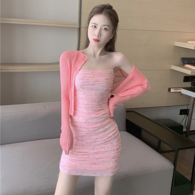 サマーニットカーディガンプリーツドレス 夏物 ハンチェンe80603135765