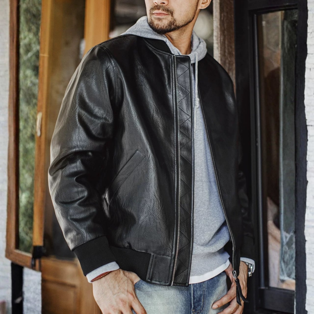 ジップアップ フェイクレザー ブルゾンジャケット 00601