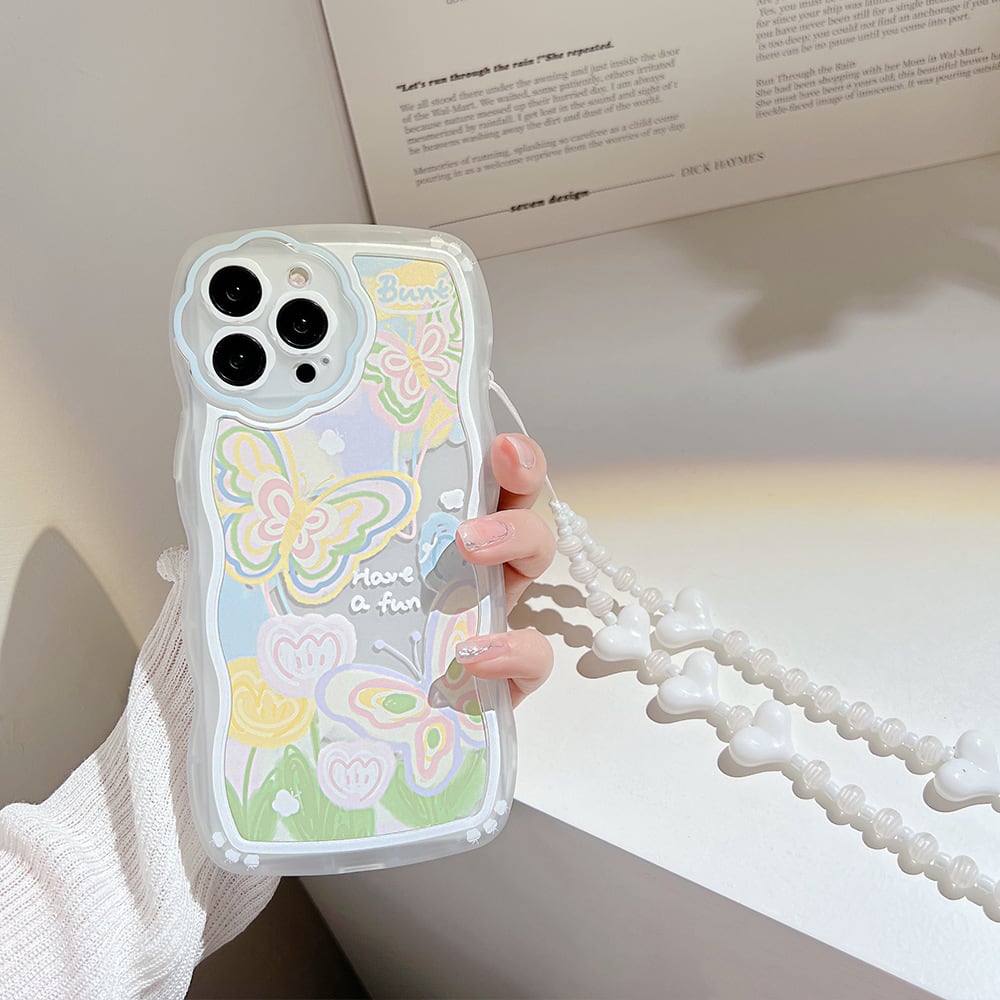 【Iphone15】フレームフラワーとバタフライデザイン【ソフトケース】 iPhone15シリーズ対応】Have a fun◎人気のウェーブフレーム 可愛い