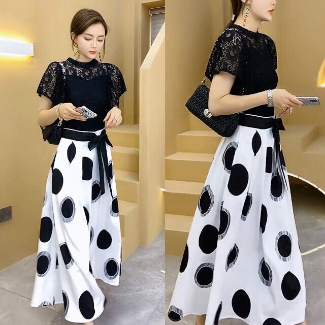 セットアップ 2点セット トップス ロングスカート マキシ丈 半袖 レース おしゃれ 上品 お出かけ お呼ばれ ツーピース モノクロ バイカラー ブラック ホワイト S/M/L/XL/2XL