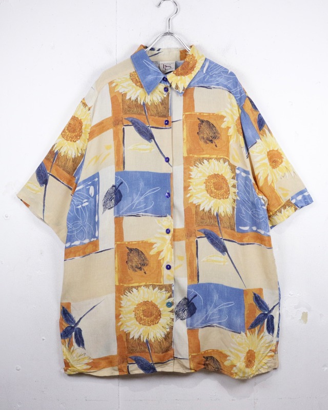 【Caka act2】Artistic Sunflower Pattern Vintage Loose S/S Shirt