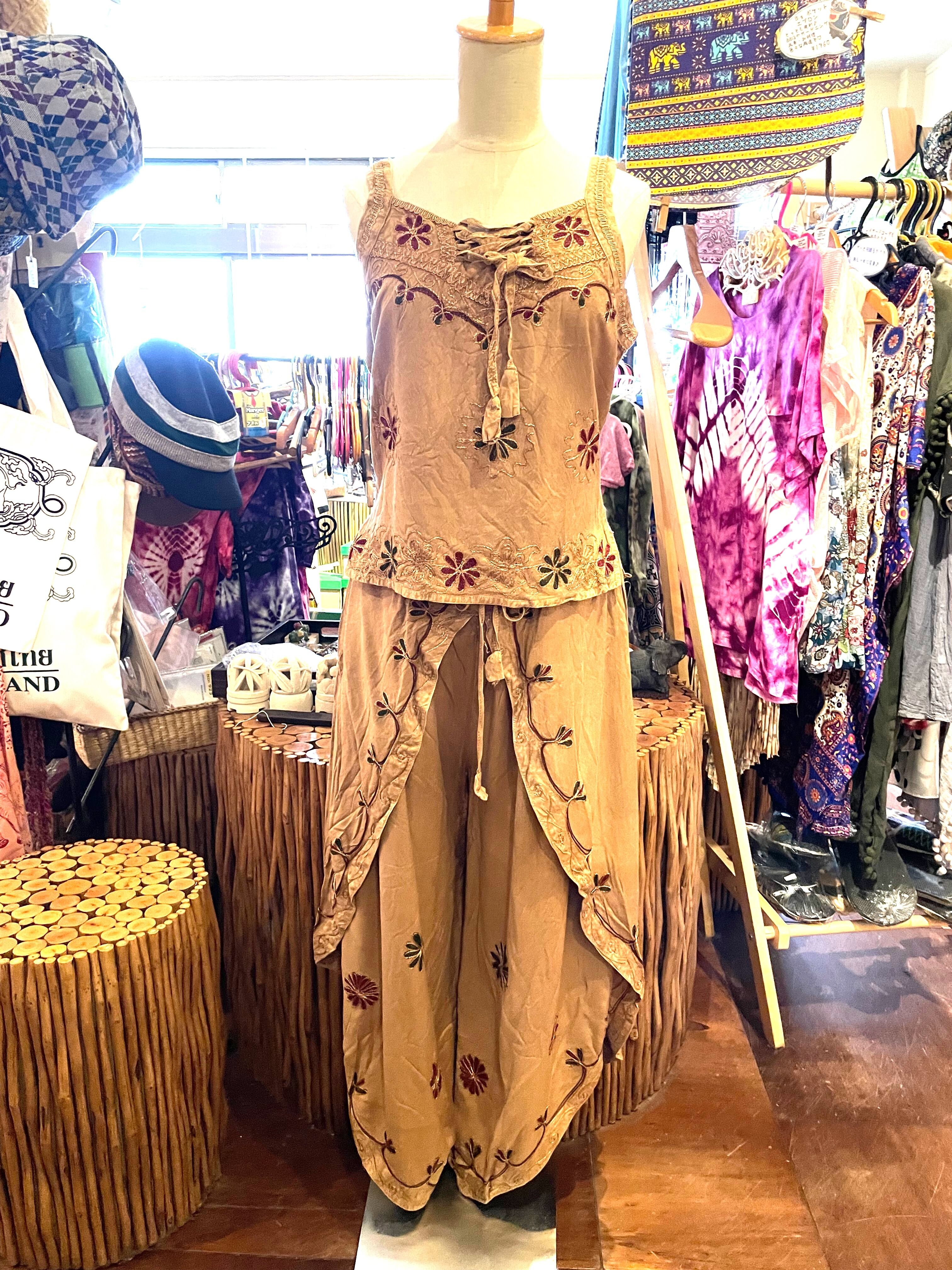 セットアップ キャミソール セット フレアパンツ 夏 リゾート アジアンパンツ アジアンキャミソール 刺繍 インドパンツ エスニックファッション アジアンファッション アフリカン ファッション ブラウン * アジアン雑貨