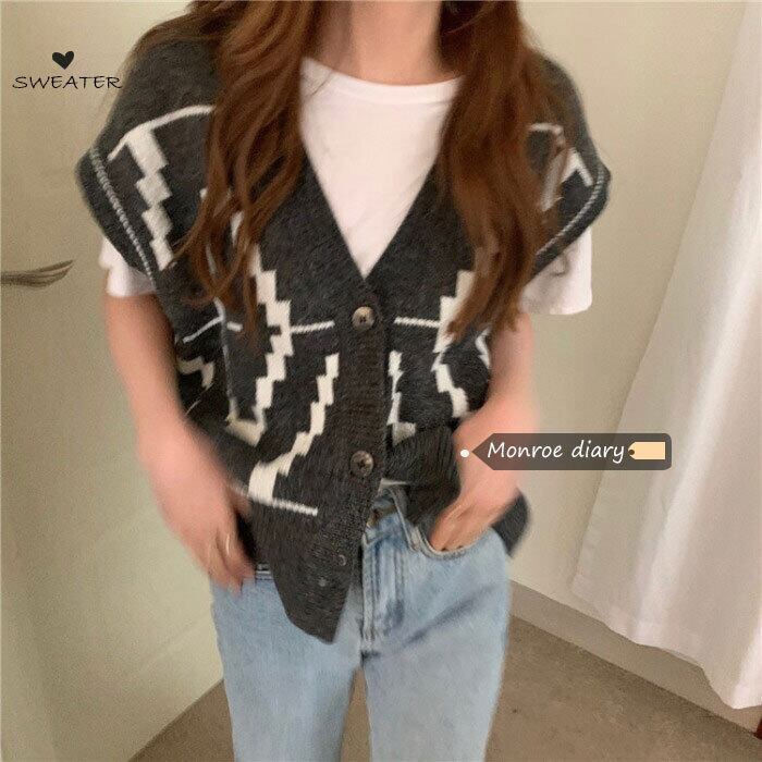 Vネックグレーニットジャケット オータムウィンタールーズセーター カーディガン 秋物 冬物 モンロー48644407977