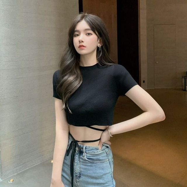 レッドTシャツ ドレス ニットショートトップス サマー 夏物 Xiaofeijia18294445712