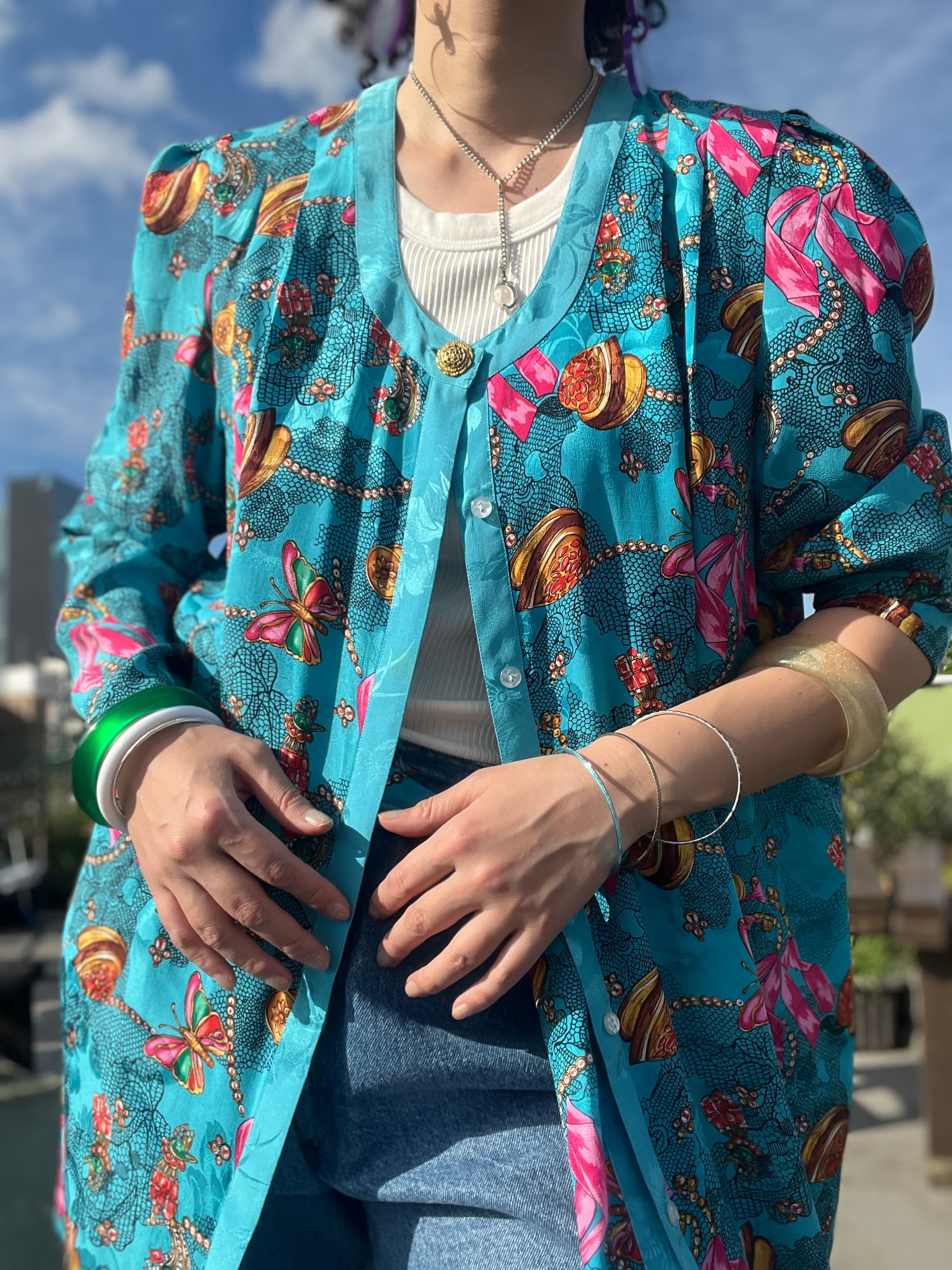 80s Diane turquoise butterfly× jewelry print silk pants suits
