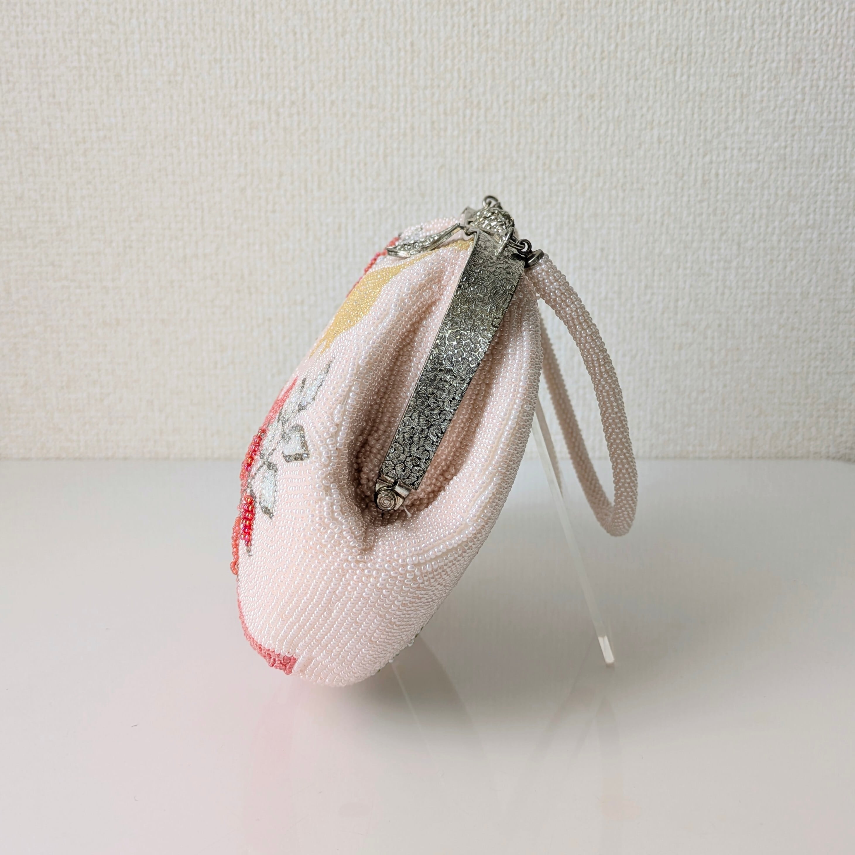 Vintage】ビーズ刺繍バッグ ピンク 藤の花模様 パーティーバッグ 昭和