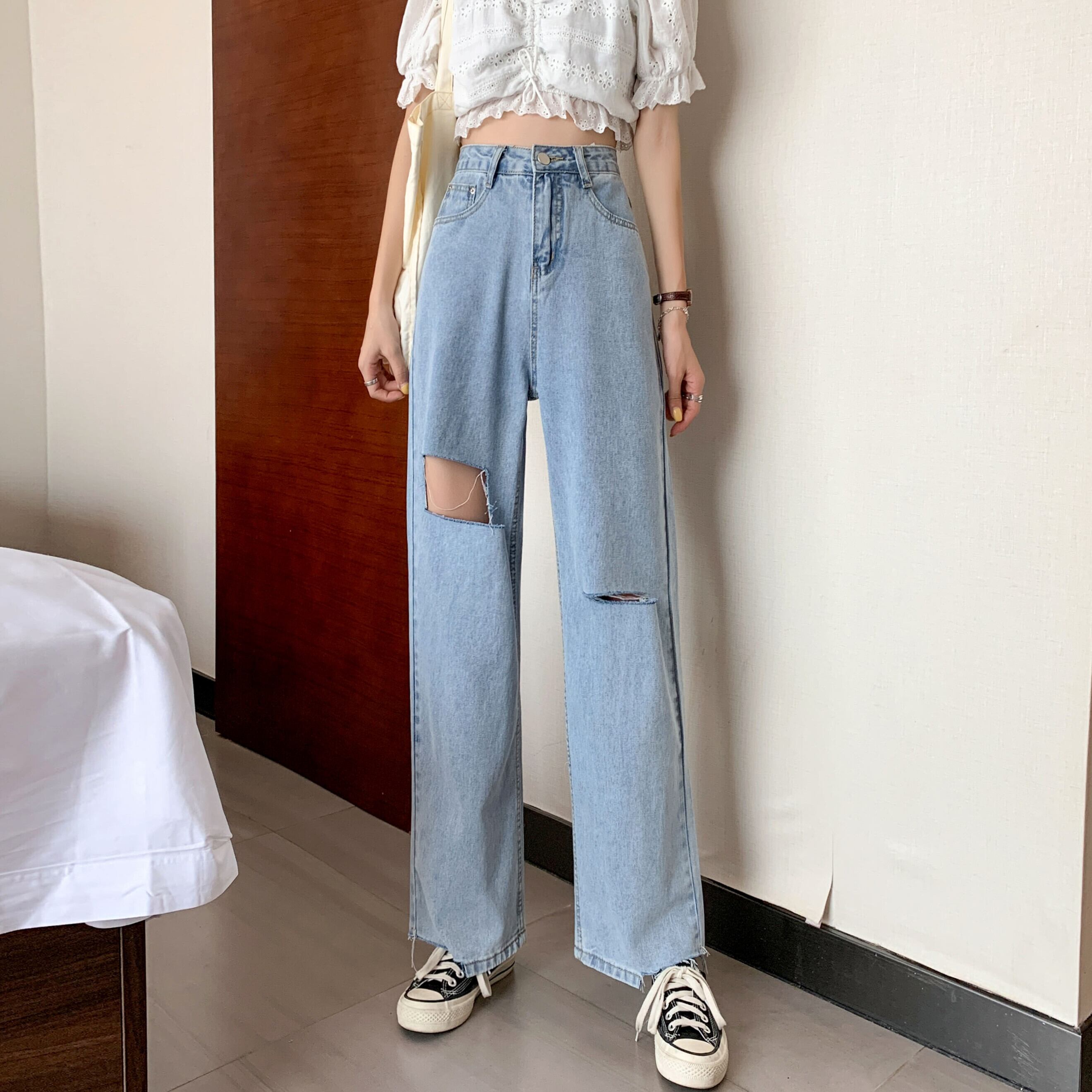 薄手ジーンズ スプリングハイウェストパンツ ロング 春物 1号婦人15612477596