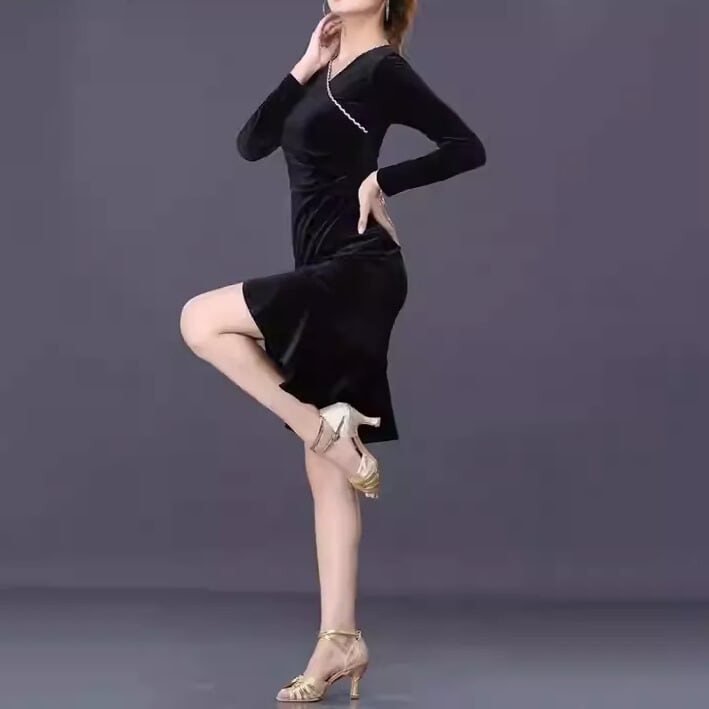 ロングスリーブ フリル カシュクール ミモレダンスドレス ds1120