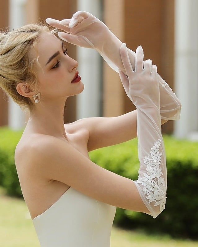 フラワーレースチュールロングウェディンググローブ【GL2511-08】