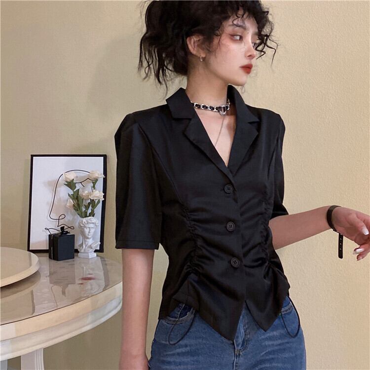 サマースリムフィットシャツ スタイルギャザープリーツショートウェストカジュアル 夏物 ケッペル96311673688