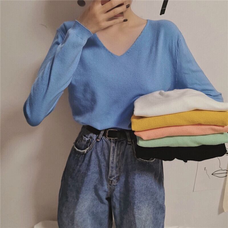 ホワイトネットレッドVネック長袖ボトミングシャツ女性春秋オールマッチ無地ニットセータートップ女性インスーパー 1号婦人44996680257