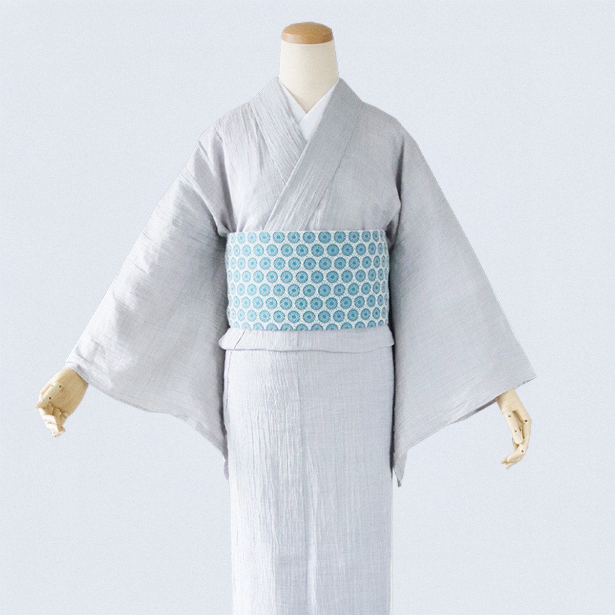 みやこ麻織 ブルーグリーン縞模様 夏着物☆麻100%☆証紙有☆