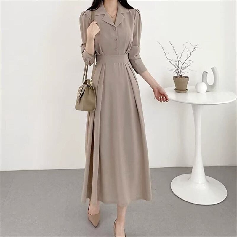 ドレス ロング ロング丈 袖あり 長袖 Vネック POLO襟 Aライン プリーツ ハイウエスト かわいい 大人可愛い きれいめ シンプル 大人 上品 おしゃれ お洒落 大人可愛い ラブリー キュート ガーリー セクシー エレガント 上品 お姫様 お嬢様 清楚 無地 20代 30代 40代 レディース デート 女子会 パーティー イベント レストラン 韓国 韓国系 オルチャン ファッション コーデ スタイル 美脚 春 秋 二次会 S M L ブラック グレー アプリコット