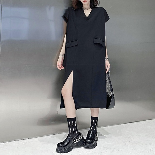 French sleeve v-neck slit dress C0231