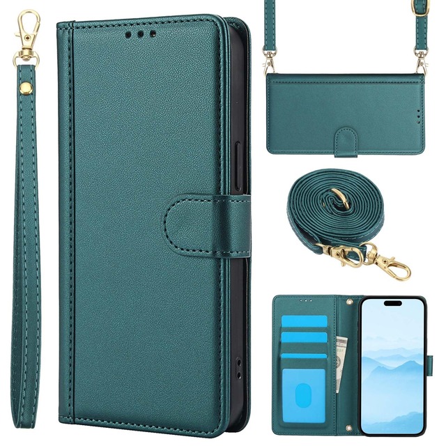 Dahimomo For AQUOS R10 ケース 手帳型 SH-51F ショルダー スマホケース アクオスR10 カード収納 r10 財布型 肩掛け aquosr10 カバー スタンド機能 レザー SH51F 人気 女性 無地 シンプル 耐衝撃 全面保護 おしゃれ - ダークグリーン