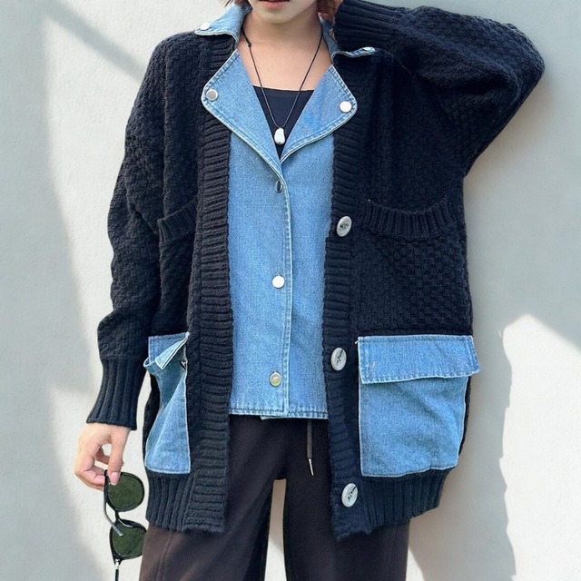 Denim layered knit cardigan 2 colors　V2705