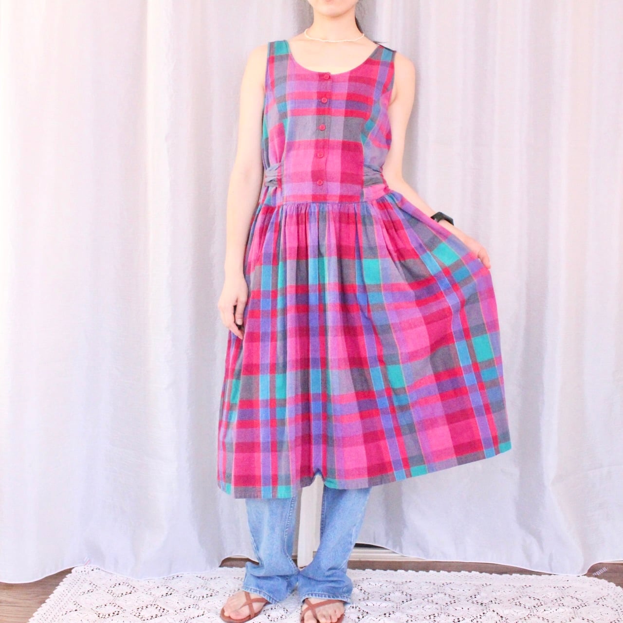 マドラスチェックワンピース ビビッドピンク