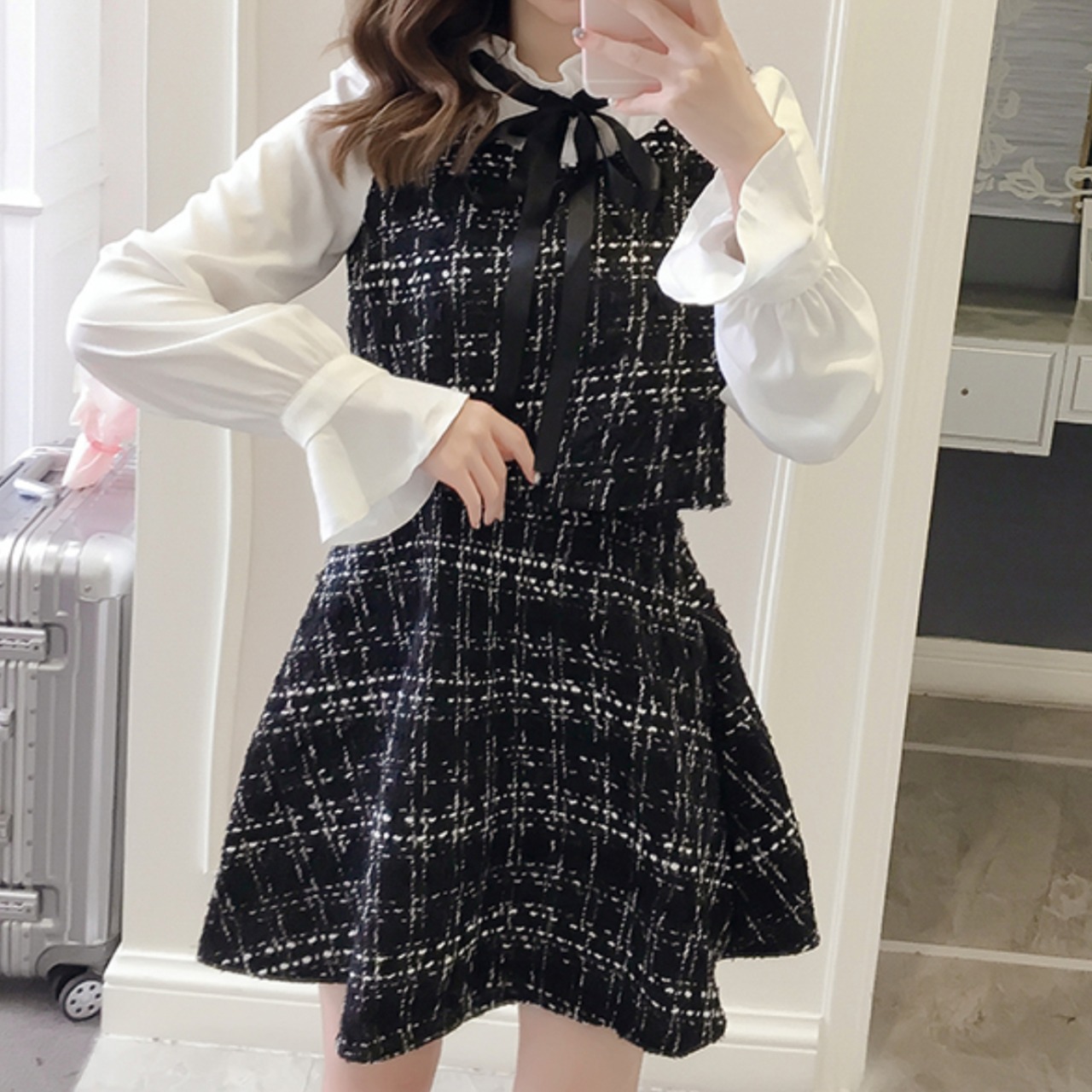 シフォンドッキングツイードdress LK050