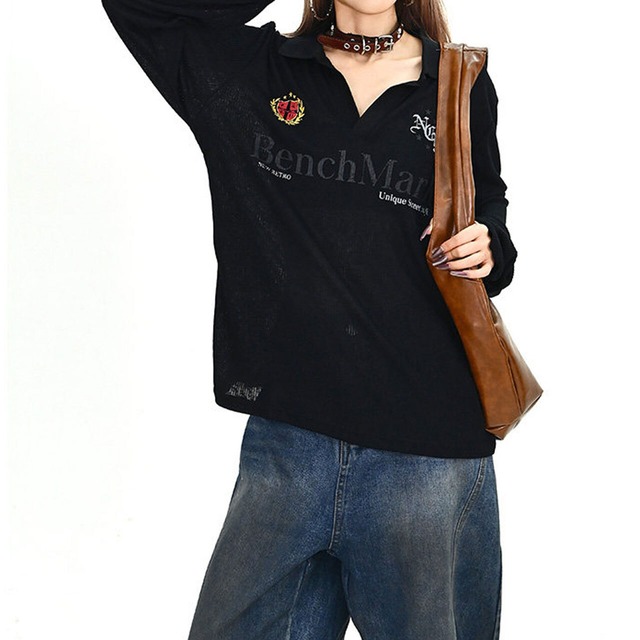 エンブレムグラフィックルーズフォルムポロトップス 2col   R01914