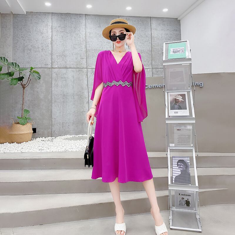 サマーVネックシフォンドレス 大きめサイズ 夏物 ミックスインファッション85081429344