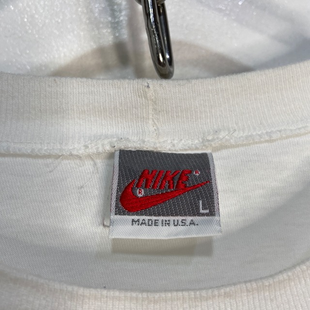 90s USA製 NIKE マルチプリントロンT 銀タグ ホワイト L 変形