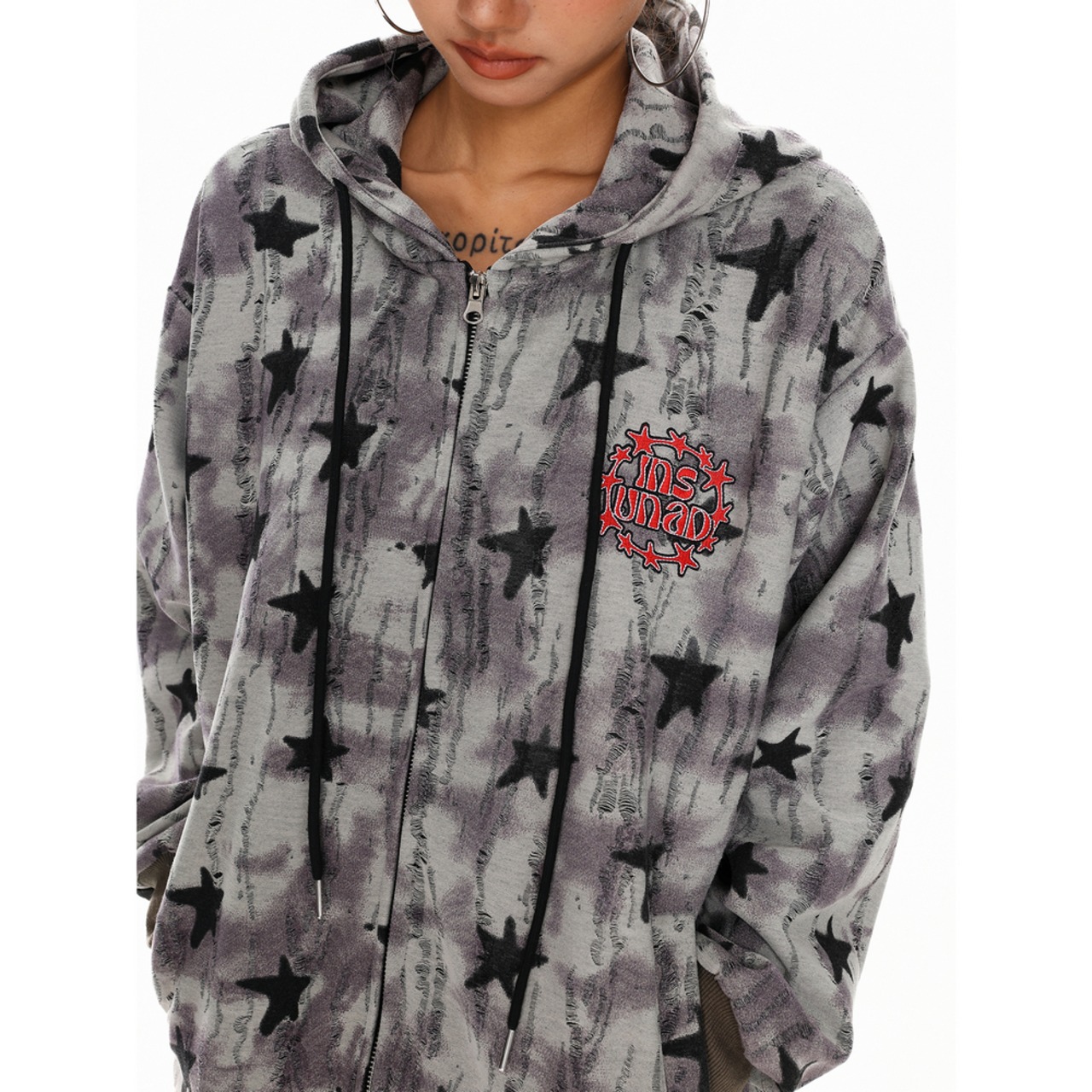 VINTAGE ストリート 星ダメージ加工 ジップパーカー T1886