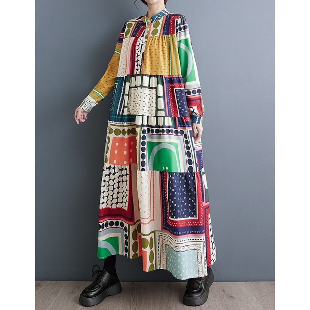 パッチワーク柄 ティアードAライン ワンピース 00119