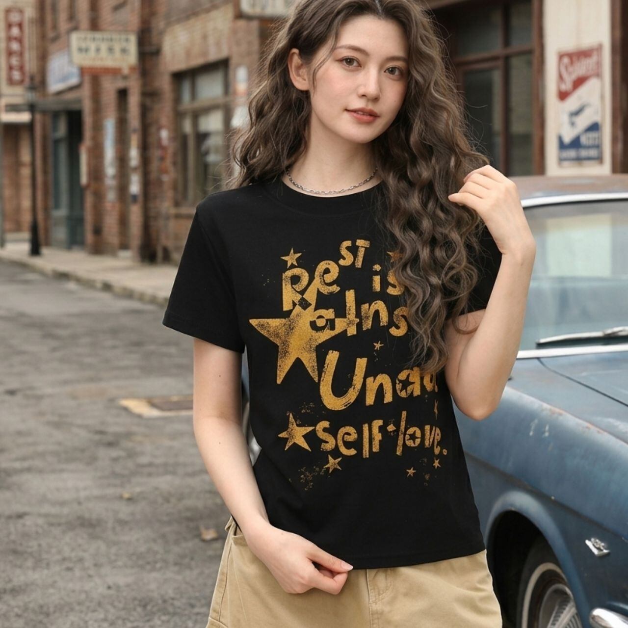 スターレタリンググラフィックプリントTシャツ 1col R02436