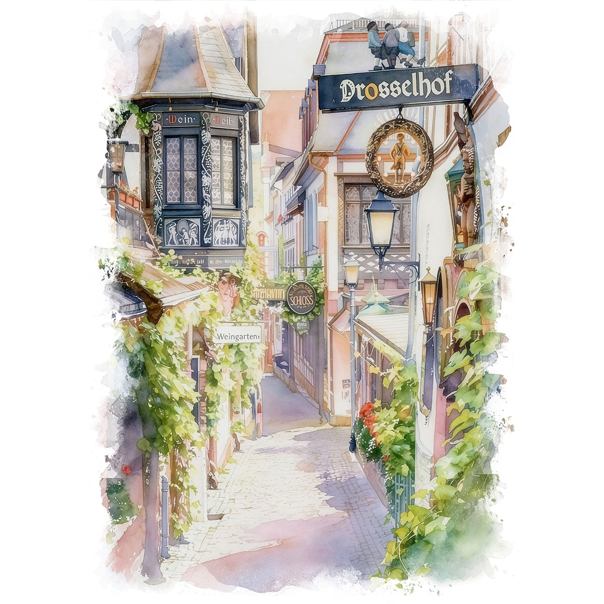 絵画 風景画(街並み) ドイツ のリューデスハイム ドロッセルガッセの