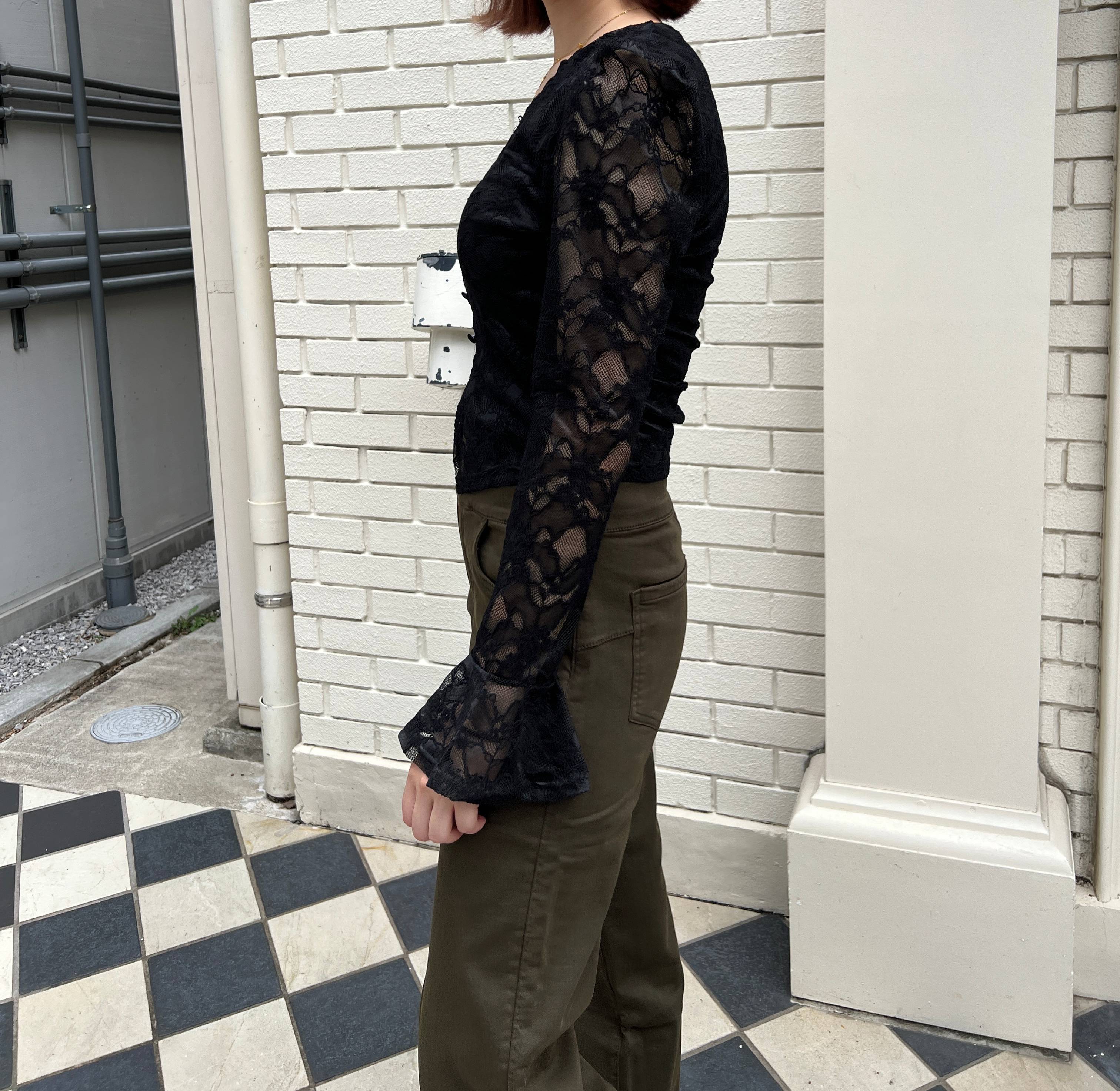 コルセット風 レース 短丈トップス パッド入り ブラック【フランス
