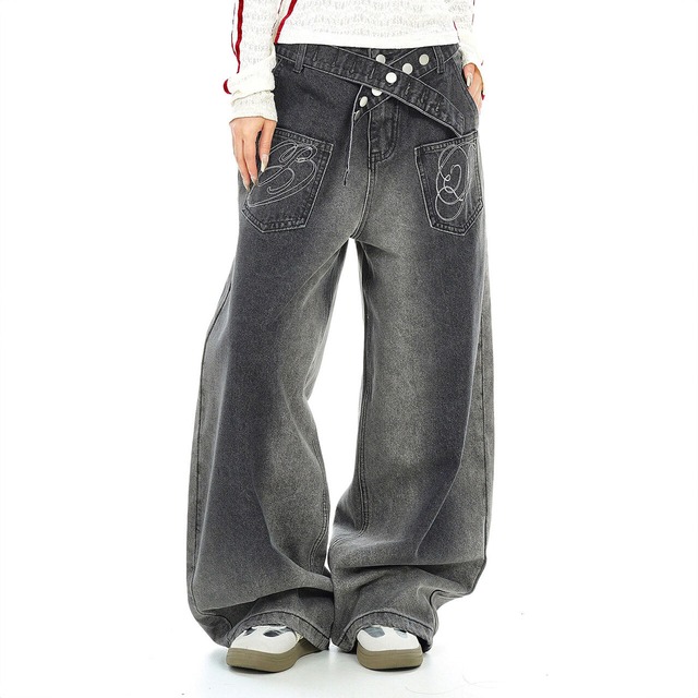 クロスベルトレタリングポケットワイドデニムパンツ 2col   R02624