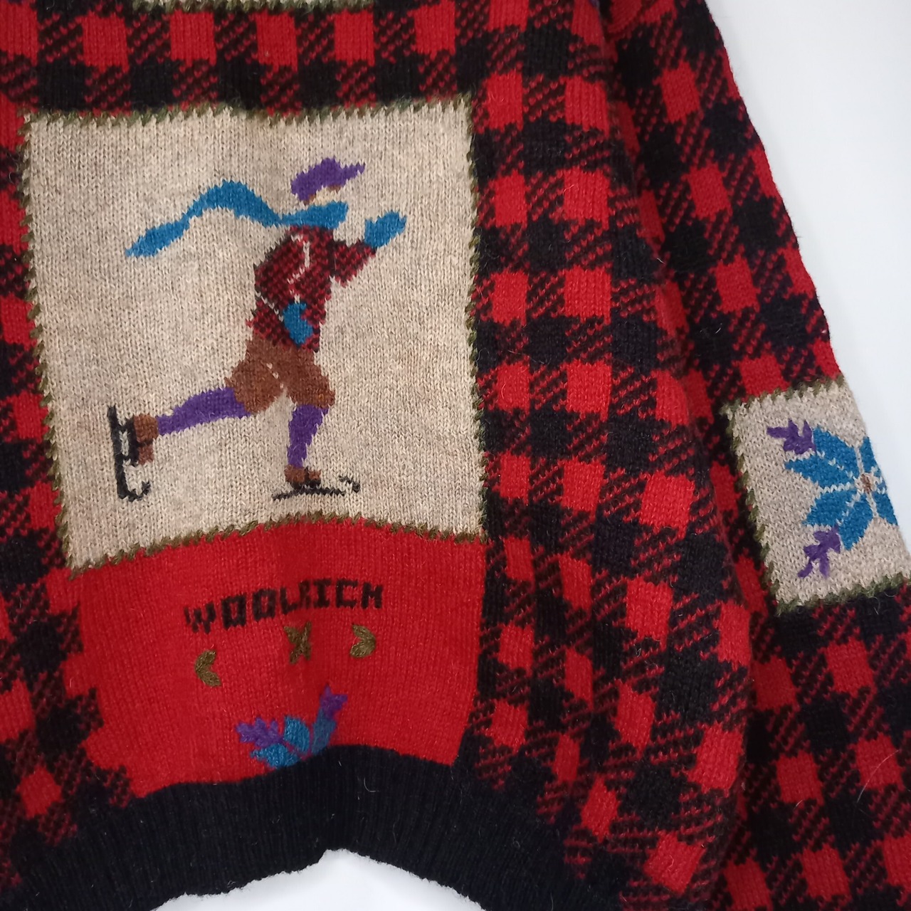 ウールリッチ　ハンドフレーム　3D　ウールニット　セーター　チェック　レッド　L