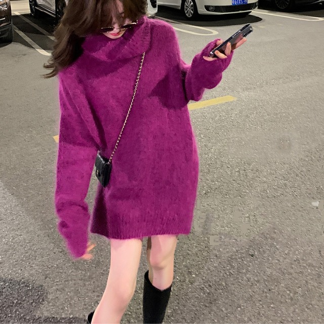 ワンピース ショート ショート丈 袖あり 長袖 タートルネック かわいい 大人可愛い シンプル カジュアル 大人 おしゃれ お洒落 かっこいい レトロ 大人女子 こなれ感 ラフ 無地 秋 冬 10代 20代 30代 レディース 女性用 デート お出かけ 女子会 ショッピング 普段使い ファッション コーデ スタイル 暖かい モテ S M 色展開 パープル カーキ