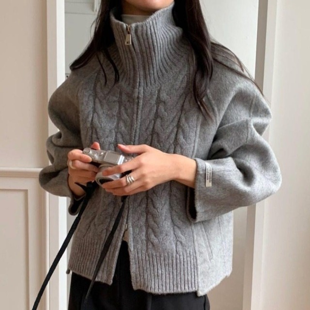 Double zip cable knit cardigan 3 colors　V2771