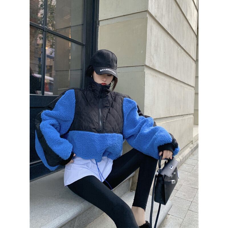 オータムウィンターギャザーカラーウールセーター カジュアルジャケット レディース ストリート 秋物 冬物 ステッチ ガールズファッション85526473816