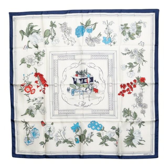 エルメス カレ90 Quai aux Fleurs 花咲く海岸通り スカーフ ホワイト シルク レディース HERMES 【中古】