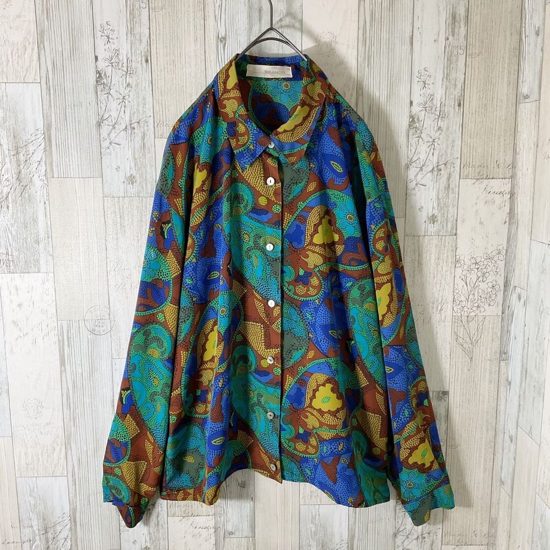 柄シャツ レディース 長袖 M 青 古着 総柄 花柄 ヴィンテージ 昭和  