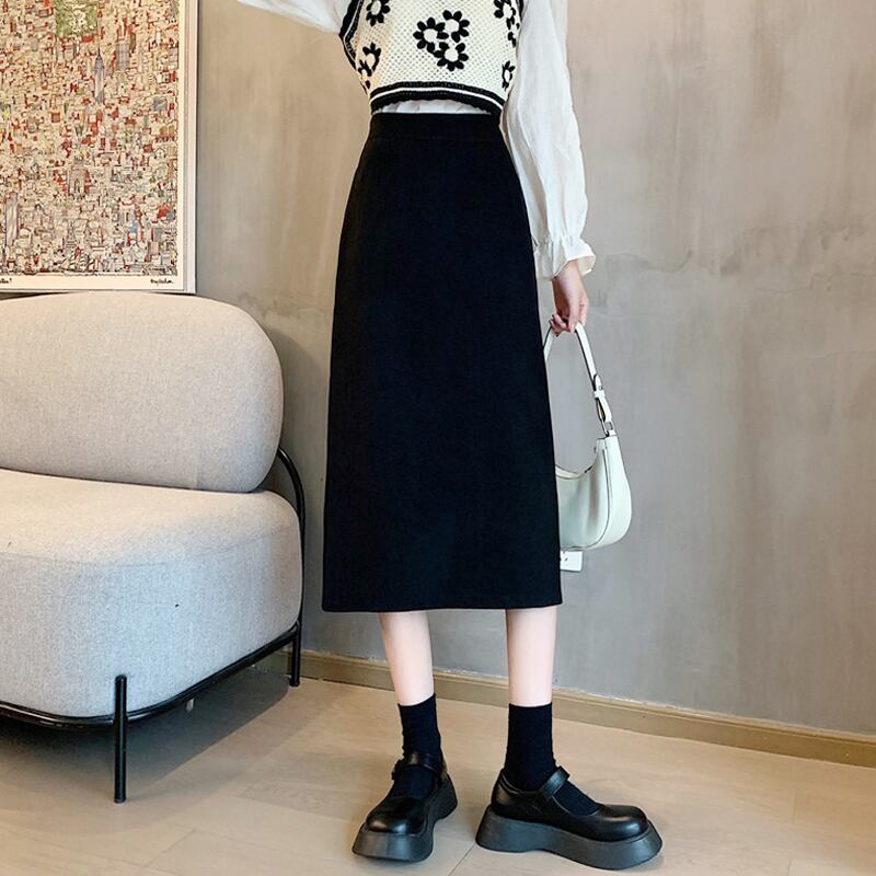 ブラックスカート スプリングオータムハイウェストAラインロング 春物 秋物 試着室63051919129