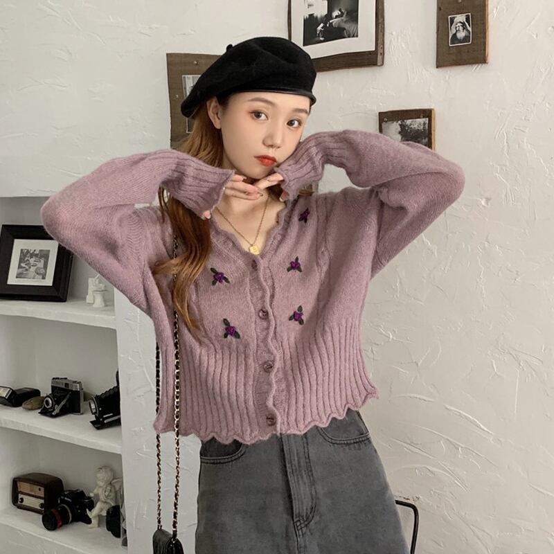 セーター ジャケット スプリングオータム薄手ニットカーディガンVネックショートトップス 春物 秋物 パープル 試着室99443023878