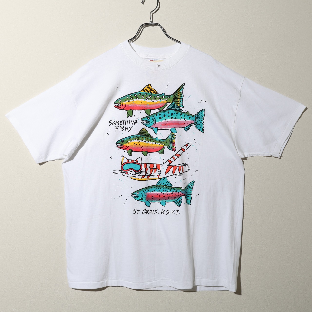 Deadstock XL 90s USA “Something Fishy” Harborside Graphics Tシャツ ハーバーサイドグラフィックス 猫 魚 ニジマス